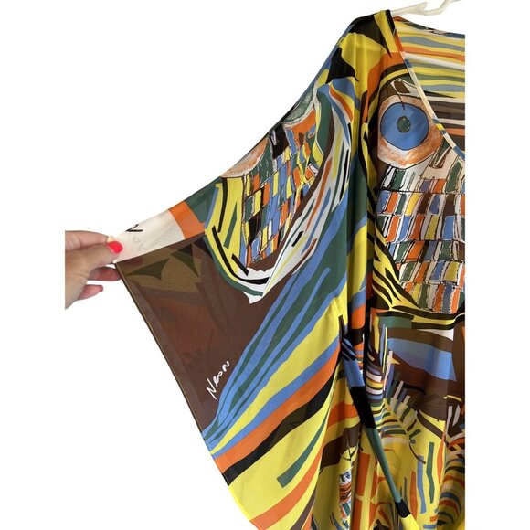 Neon By Macys Sheer Vibrant Owl Print Kimono Blouse Tie-Front V-Neck Womens S - Picture 2 of 8